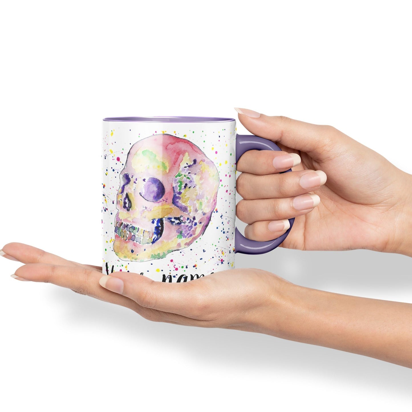 Vixar Personalised with Your Text Skull Watercolour Art Coloured Ceramic Mug Cup Gift 330ml 11oz Custom Work Office Tea Coffee (O2)