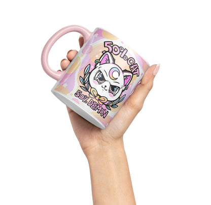 Vixar 50% Cat 50% Demon Cute cat Lovers, Kawaii Joke Coloured Ceramic Mug Cup Gift 330ml 11oz Work Office Tea Coffee