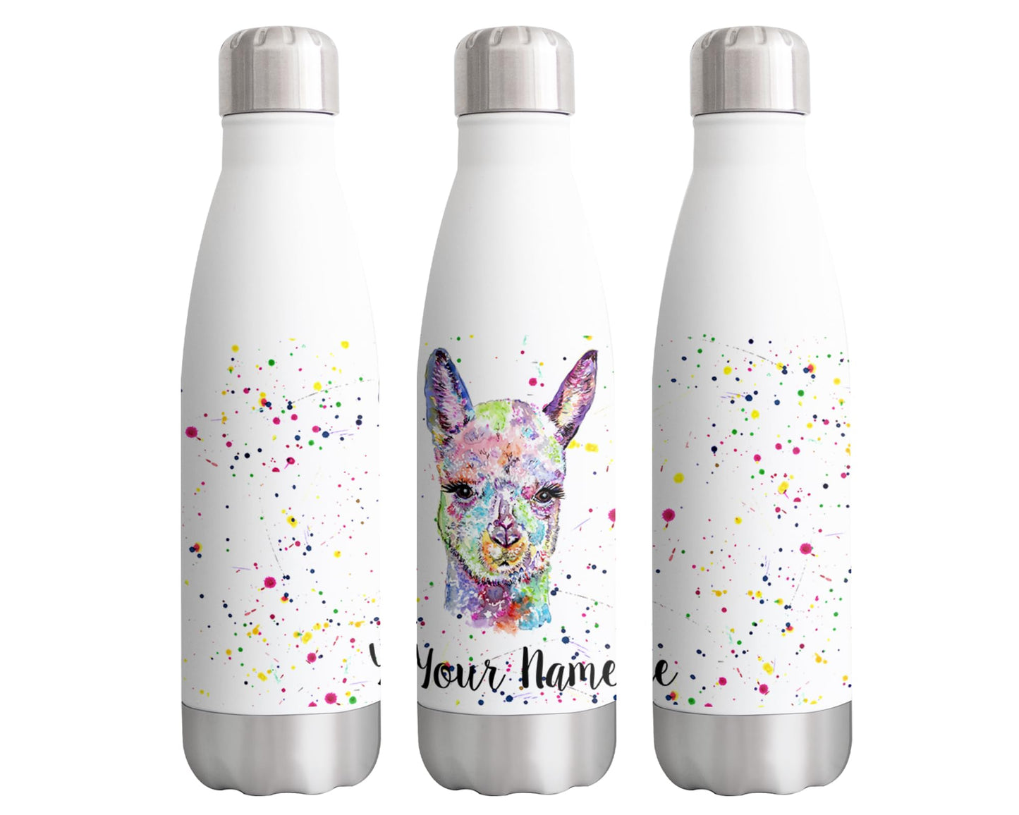 Vixar Alpaca Personalised Custom Bottle with your Text/name Watercolour Animals Rainbow Art Bottle Double Wall Insulated Stainless Steel Sport Drinks 500ml