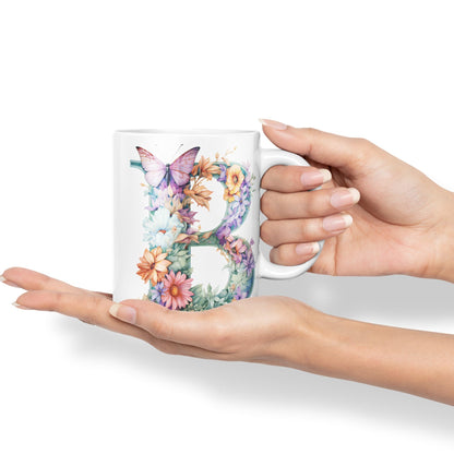 Letter B mug, Floral flowers butterfly Alphabet Letter B Monogram watercolour Ceramic Coloured Mug Cup for Tea Coffee Hot brew 330ml 11Oz Gift