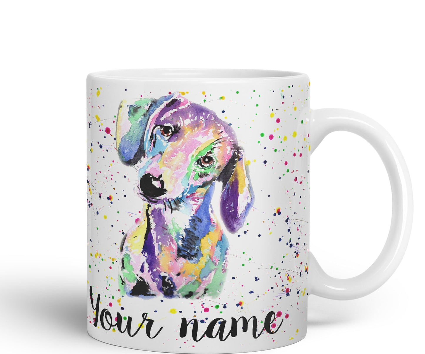 Vixar Personalised with Your Text Dachshund Sausage Dog Wiener Badger Pet Watercolour Art Coloured Ceramic Mug Cup Gift 330ml 11oz Custom Work Office Tea Coffee