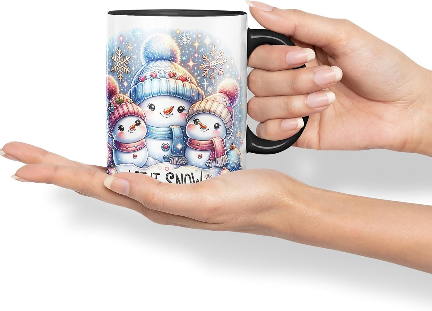 Vixar Let It Snow Cute Snowman Family Coloured Mug Cup Christmas Winter Gift 11oz (Black)