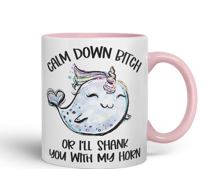 Vixar Unicorn Calm Down B... or I'll Shank You with My Horn Ceramic Coloured Mug Cup Gift Tea Coffee Christmas Office Home Sarcastic Joke