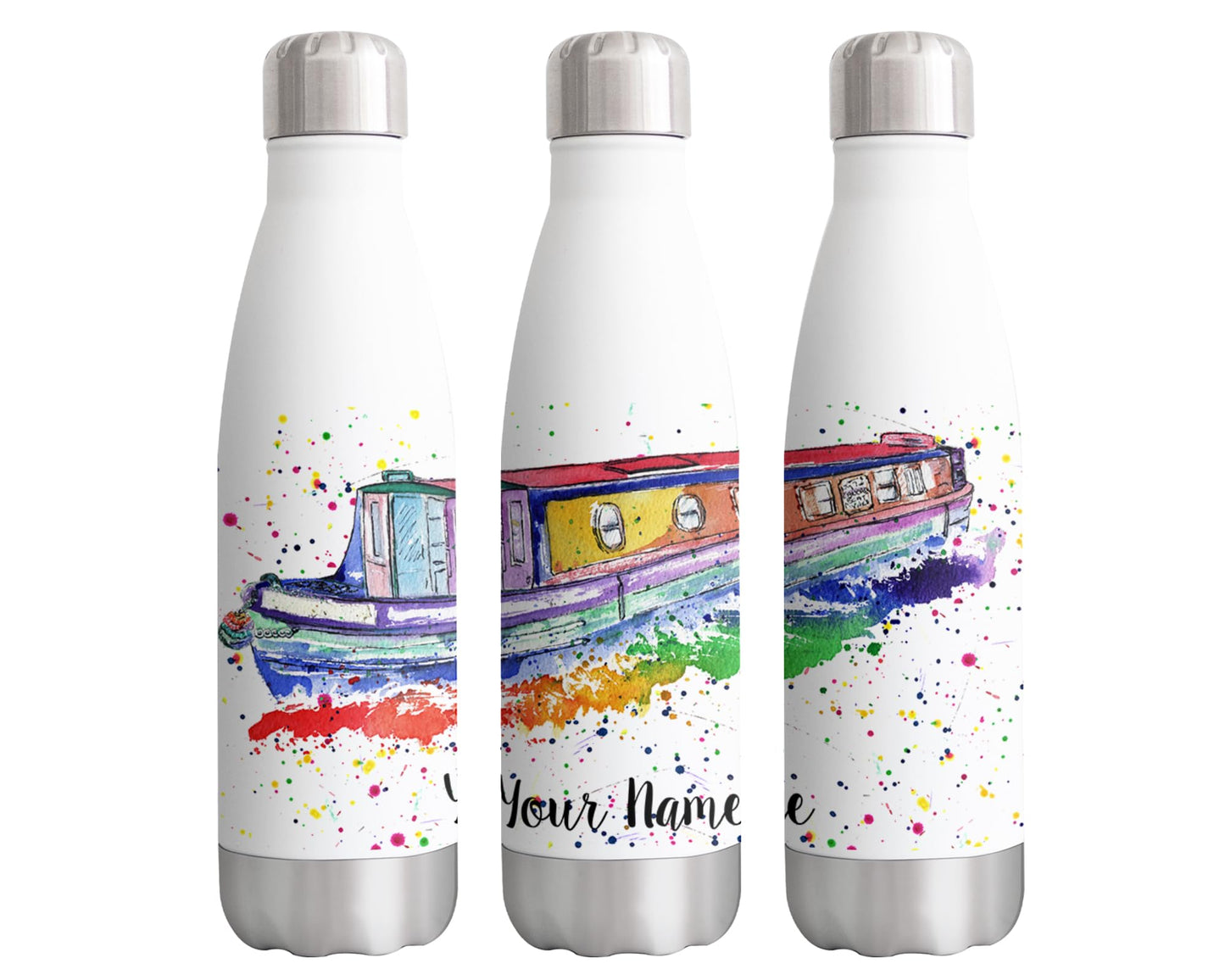 Vixar Narrowboat Personalised Custom Bottle with your Text/name Canal Boat Watercolour Bottle Double Wall Insulated Stainless Steel Sport Drinks 500ml