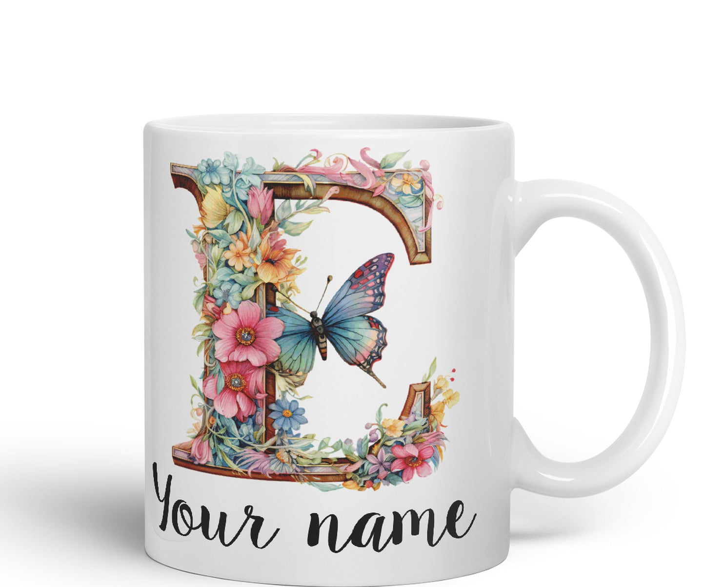 Personalised Letter E mug, Customized Custom Floral flowers butterfly Alphabet Letter E Monogram watercolour Ceramic Coloured Mug Cup for Tea Coffee Hot brew 330ml 11Oz Gift