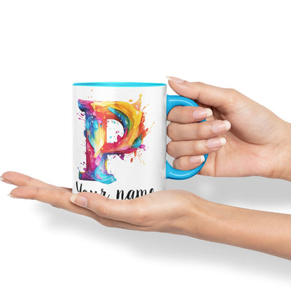 Personalised Letter P mug, Alphabet cusomized custom Letter P Monogram watercolour Ceramic Coloured Mug Cup for Tea Coffee Hot brew 330ml 11Oz Gift
