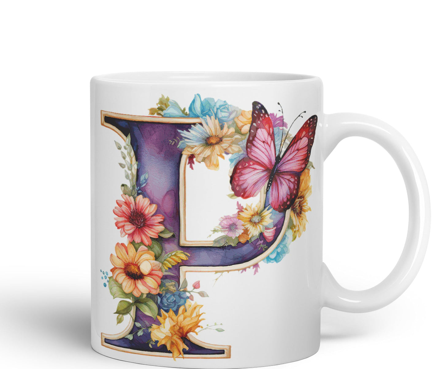Letter P mug, Floral flowers butterfly Alphabet Letter P Monogram watercolour Ceramic Coloured Mug Cup for Tea Coffee Hot brew 330ml 11Oz