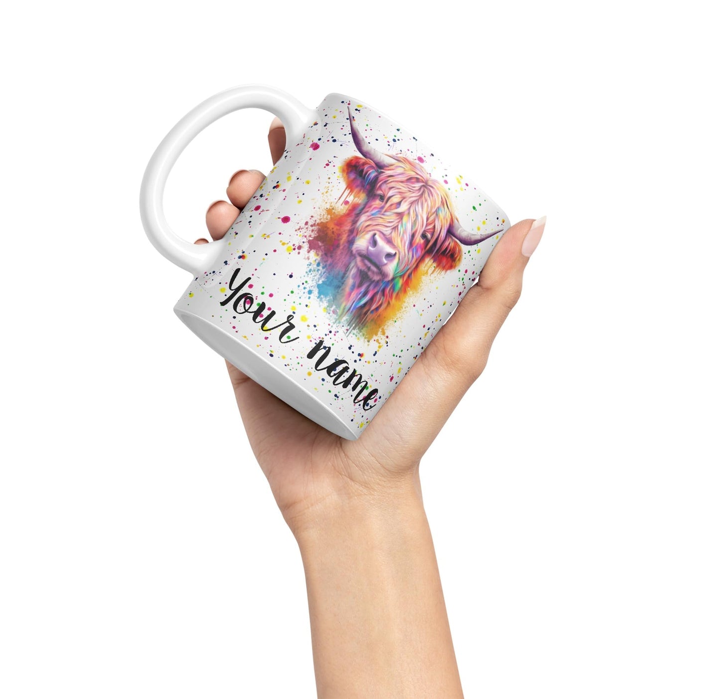 Personalised mug with Your Text name Highland Scottish Cow farm animals Watercolour Art Coloured Ceramic Mug Cup Gift 330ml 11oz Custom Work Office Tea Coffee HC4