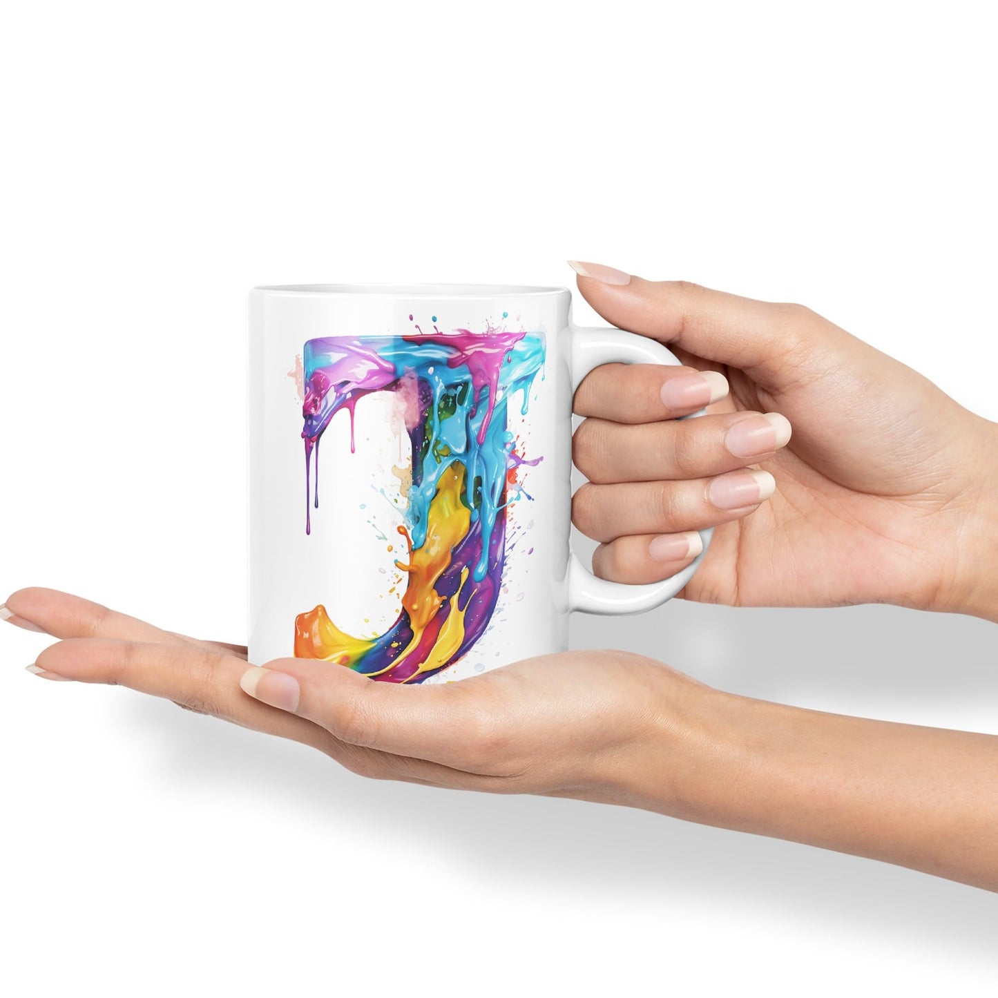 Letter J mug, Alphabet Letter J Monogram watercolour Ceramic Coloured Mug Cup for Tea Coffee Hot brew 330ml 11Oz Gift