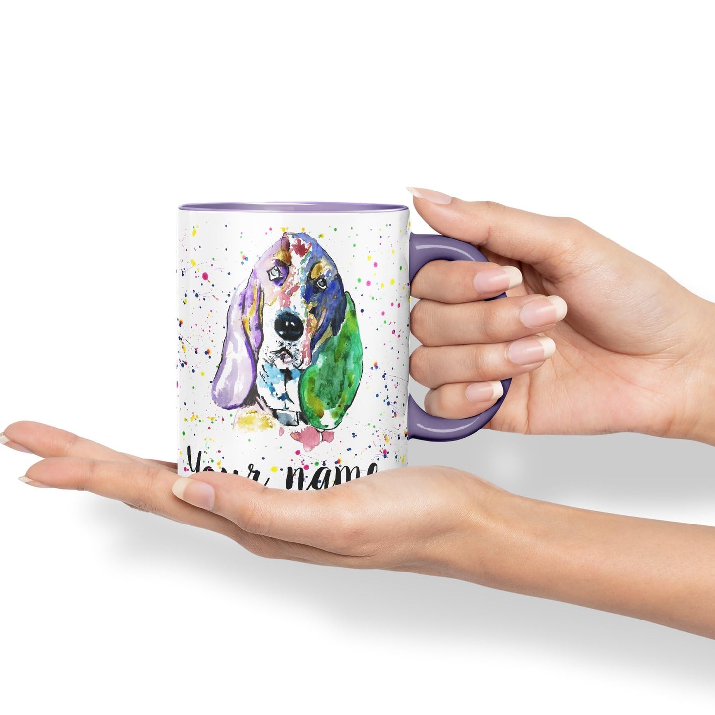 Personalised mug with Your Text name Basset Hound Hunting Dog Pet animals Watercolour Art Coloured Ceramic Mug Cup Gift 330ml 11oz Custom Work Office Tea Coffee