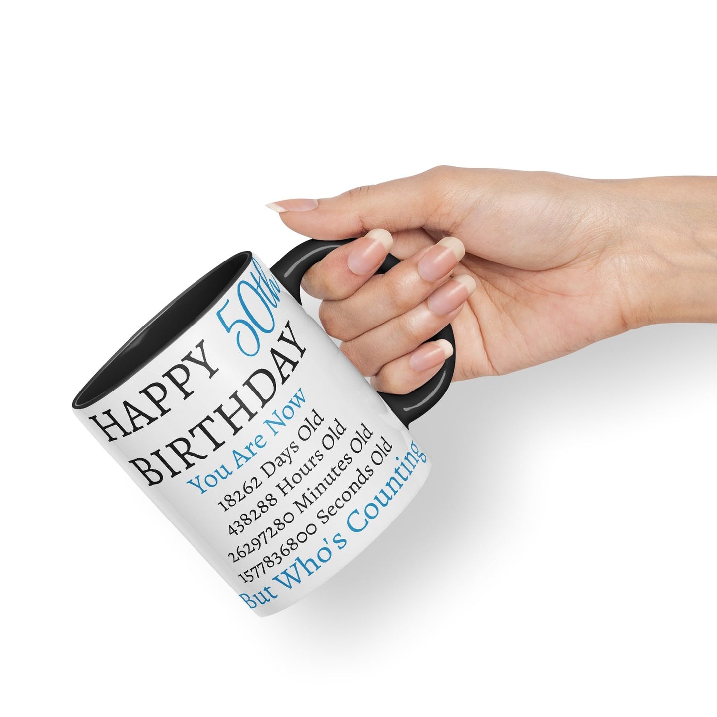 Vixar But Who's Counting Happy 50th Birthday Ceramic Coloured Mug Cup Gift Days Hours Minutes (Blue)