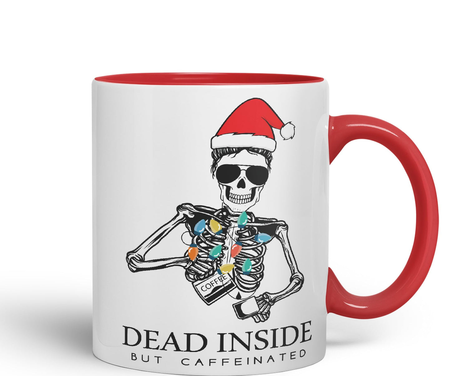 Dead Inside but Coffeinated Christmas Skull Sarcastic Joke Ceramic Coloured Mug Cup for Tea Coffee Hot Brew 330ml 11Oz