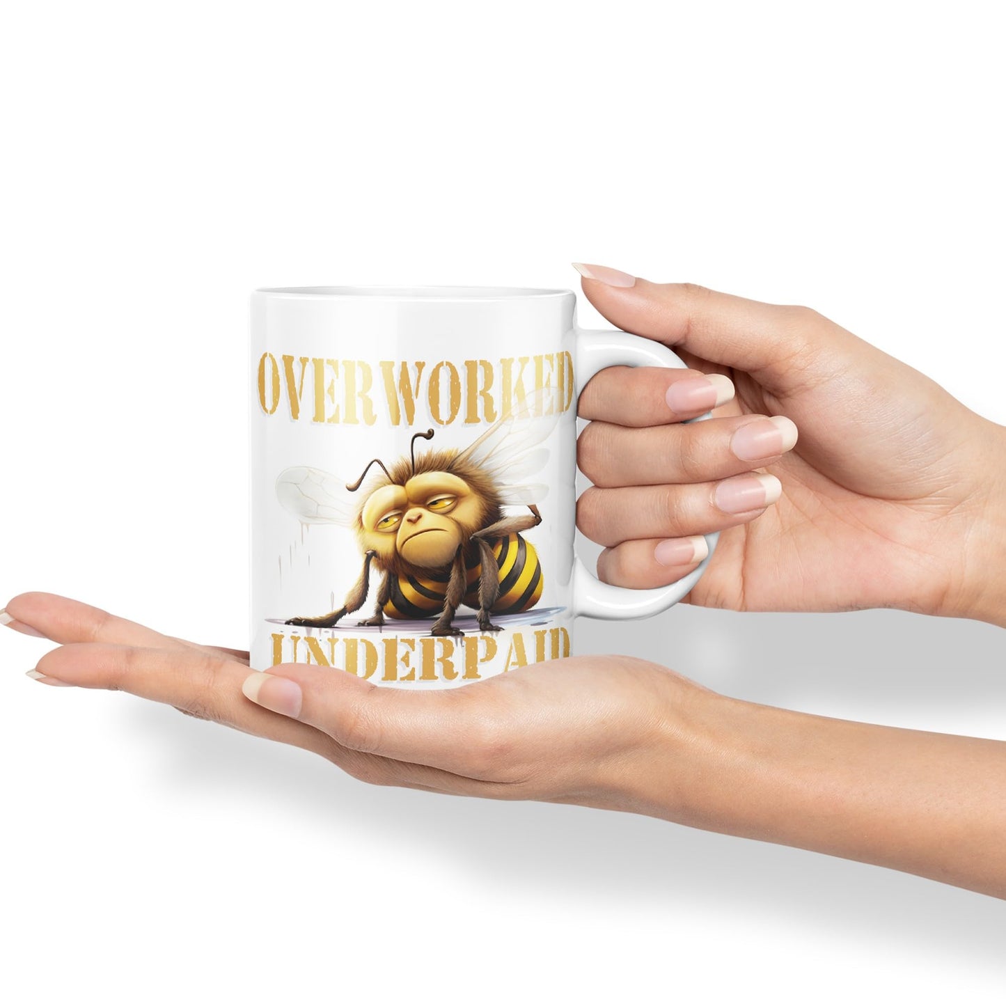 Overworked Underpaid bee Work Joke sarkasm Sarcastic Ceramic Coloured Mug Cup for Tea Coffee Hot Brew 330ml 11Oz Gift