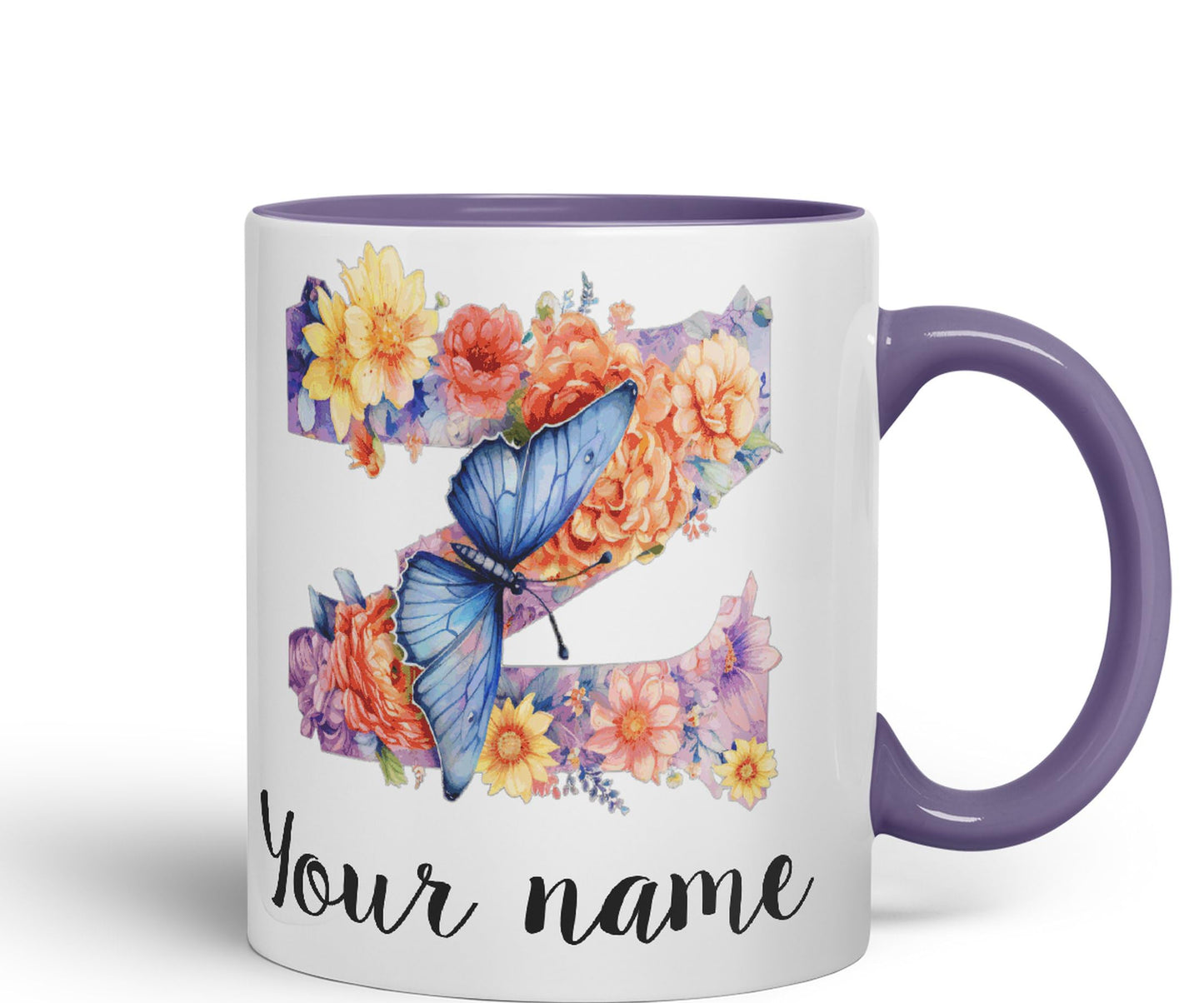 Personalised Letter Z mug, Customized Custom Floral flowers butterfly Alphabet Letter Z Monogram watercolour Ceramic Coloured Mug Cup for Tea Coffee Hot brew 330ml 11Oz Gift