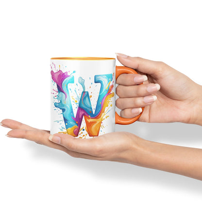 Letter W mug, Alphabet Letter W Monogram watercolour Ceramic Coloured Mug Cup for Tea Coffee Hot brew 330ml 11Oz Gift