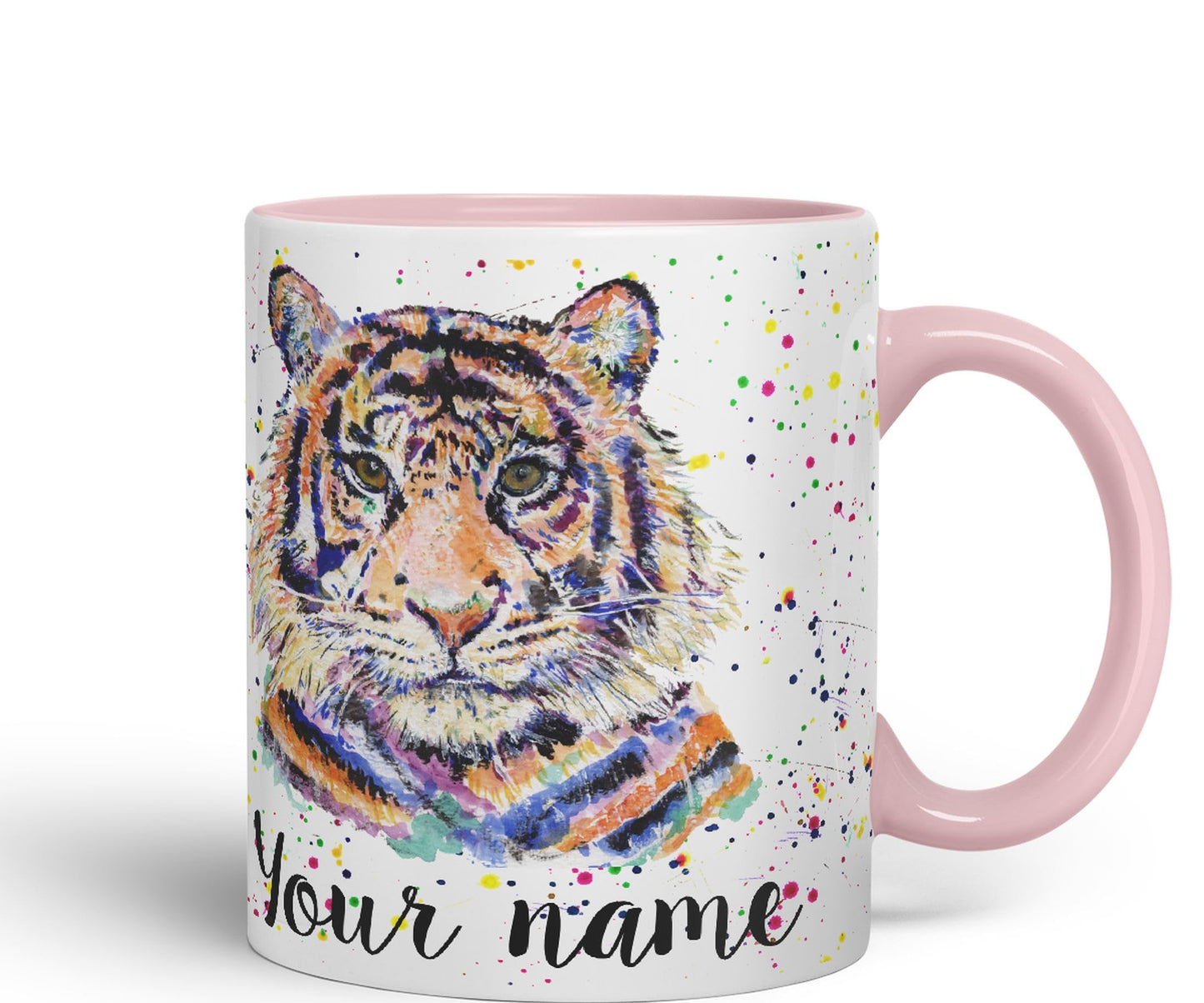 Vixar Personalised with Your Text Tiger Cat Safari Animals Watercolour Art Coloured Ceramic Mug Cup Gift 330ml 11oz Custom Work Office Tea Coffee (O2)