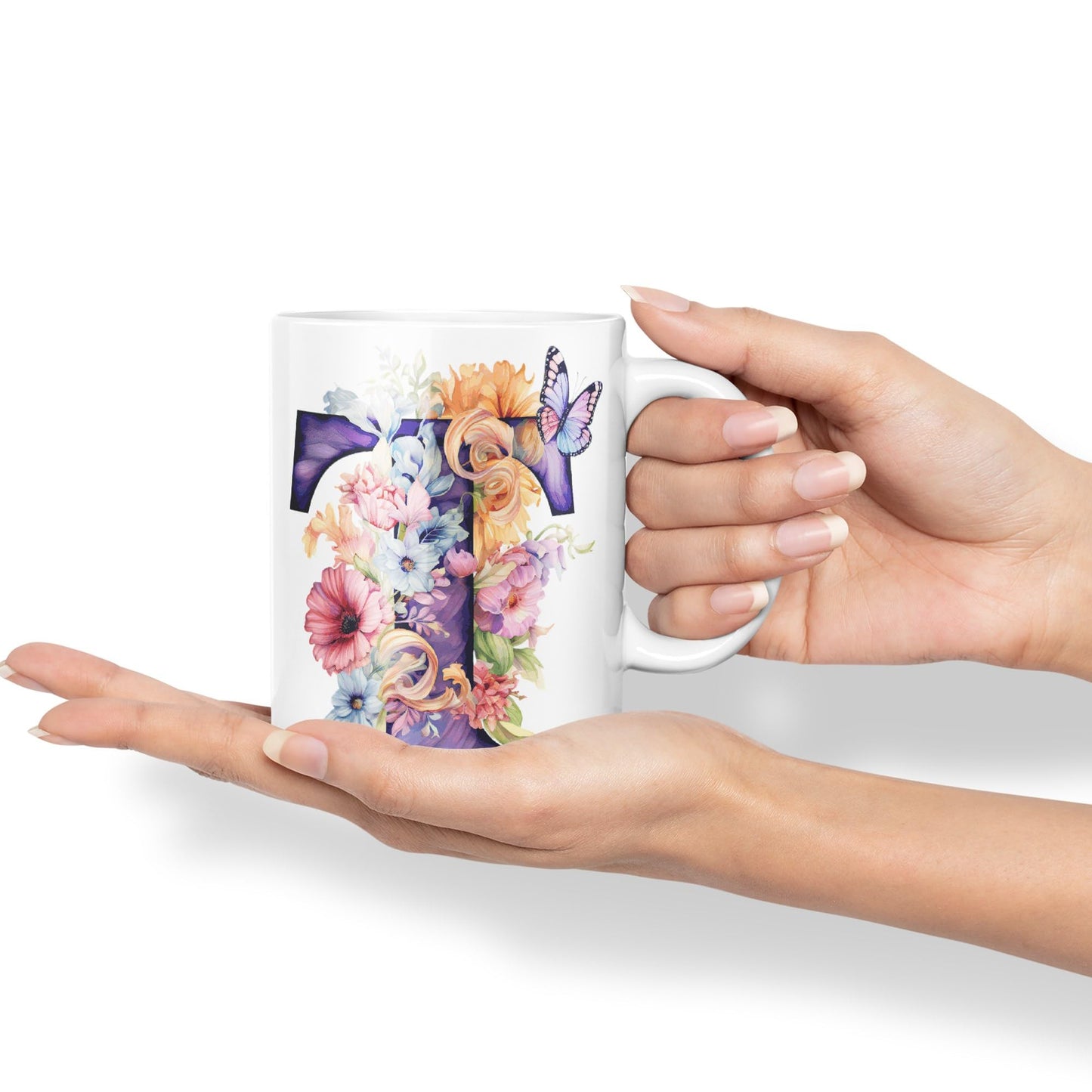 Letter T mug, Floral flowers butterfly Alphabet Letter T Monogram watercolour Ceramic Coloured Mug Cup for Tea Coffee Hot brew 330ml 11Oz Gift