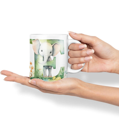 Letter E mug, Animals Alphabet Letter E Monogram animal for kids Ceramic Coloured Mug Cup for Tea Coffee Hot brew 330ml 11Oz Gift