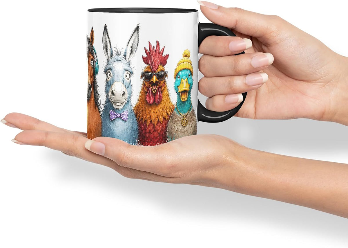 Vixar Funny Farm Animals Mug – Cute Farm Animal Coloured Ceramic Mug Cup Gift, 11oz (Black)