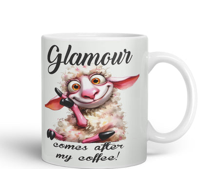 Glamour Comes After My Coffee! Sheep Joke sarkasm Sarcastic Ceramic Coloured Mug Cup for Tea Coffee Hot Brew 330ml 11Oz Gift