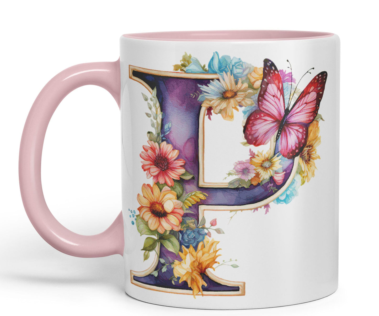 Letter P mug, Floral flowers butterfly Alphabet Letter P Monogram watercolour Ceramic Coloured Mug Cup for Tea Coffee Hot brew 330ml 11Oz