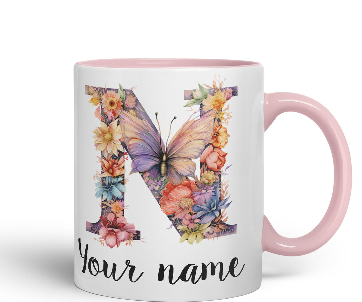 Personalised Letter N mug, Customized Custom Floral flowers butterfly Alphabet Letter N Monogram watercolour Ceramic Coloured Mug Cup for Tea Coffee Hot brew 330ml 11Oz Gift