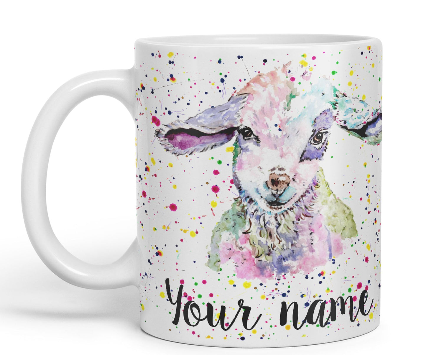 Vixar Personalised with Your Text Lamb Sheep Hogget Farm Animals Watercolour Art Coloured Ceramic Mug Cup Gift 330ml 11oz Custom Work Office Tea Coffee