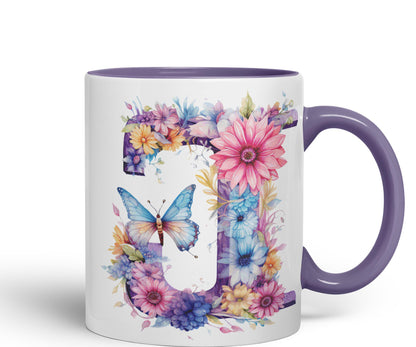 Letter J mug, Floral flowers butterfly Alphabet Letter J Monogram watercolour Ceramic Coloured Mug Cup for Tea Coffee Hot brew 330ml 11Oz Gift