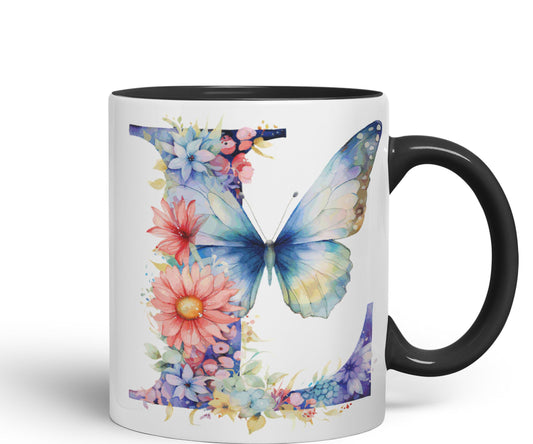 Letter L mug, Floral flowers butterfly Alphabet Letter L Monogram watercolour Ceramic Coloured Mug Cup for Tea Coffee Hot brew 330ml 11Oz Gift