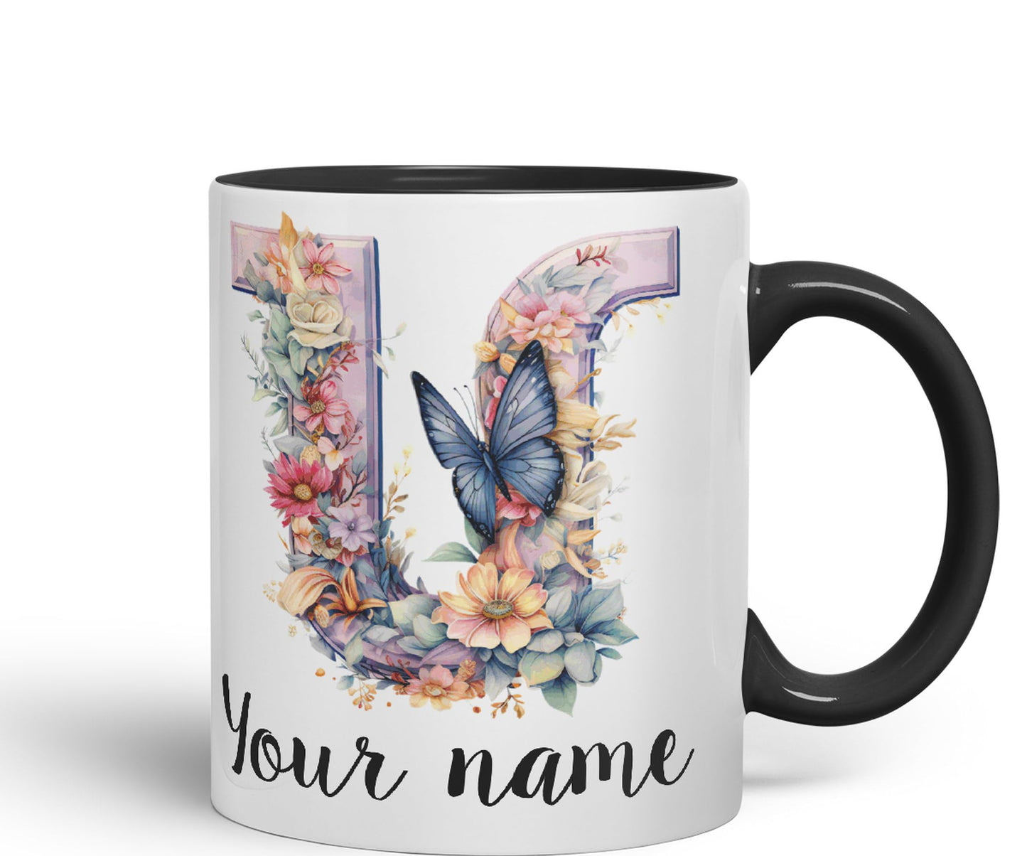 Personalised Letter U mug, Customized Custom Floral flowers butterfly Alphabet Letter U Monogram watercolour Ceramic Coloured Mug Cup for Tea Coffee Hot brew 330ml 11Oz Gift