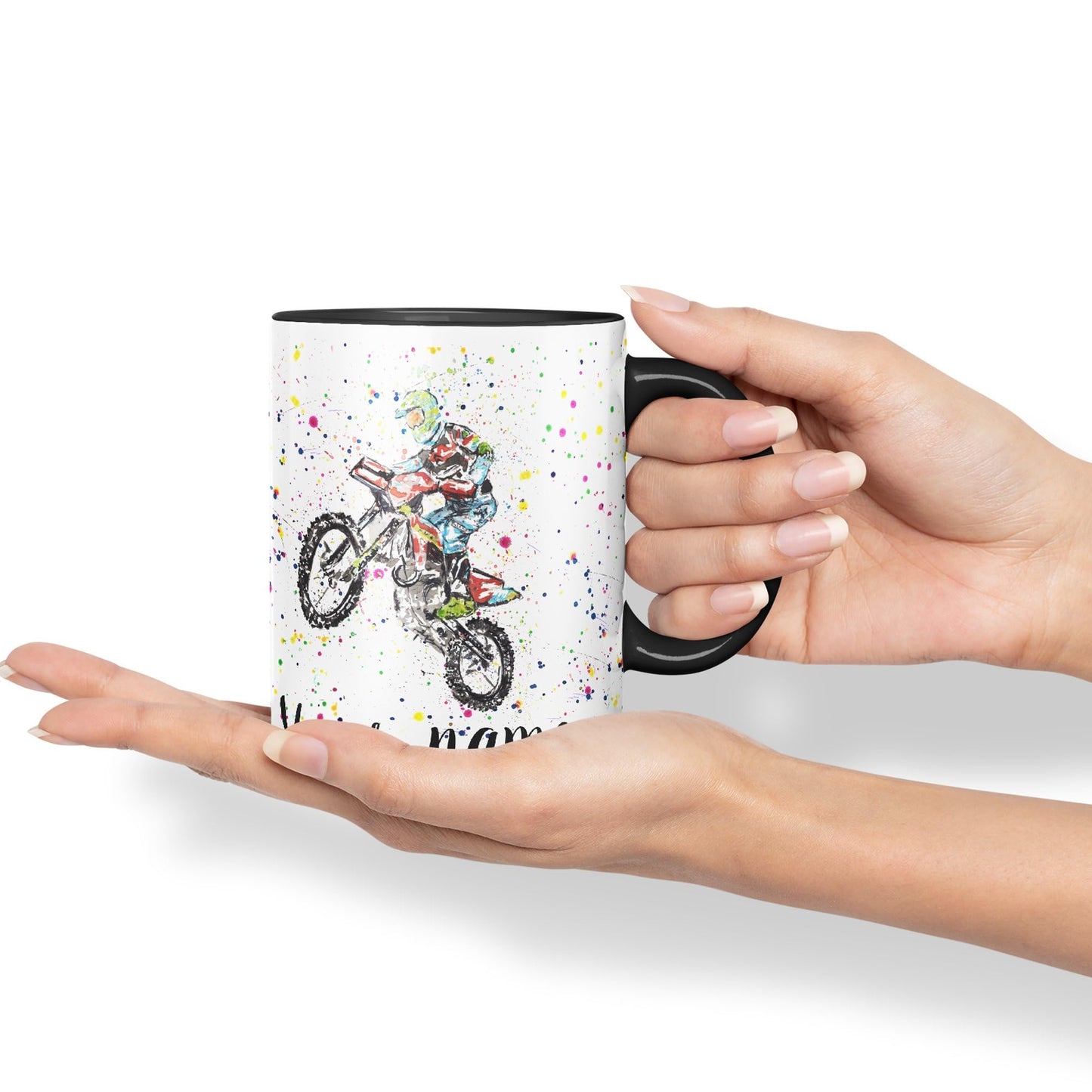 Vixar Personalised with Your Text Motocross Motorbike Motocycle Watercolour Art Coloured Ceramic Mug Cup Gift 330ml 11oz Custom Work Office Tea Coffee