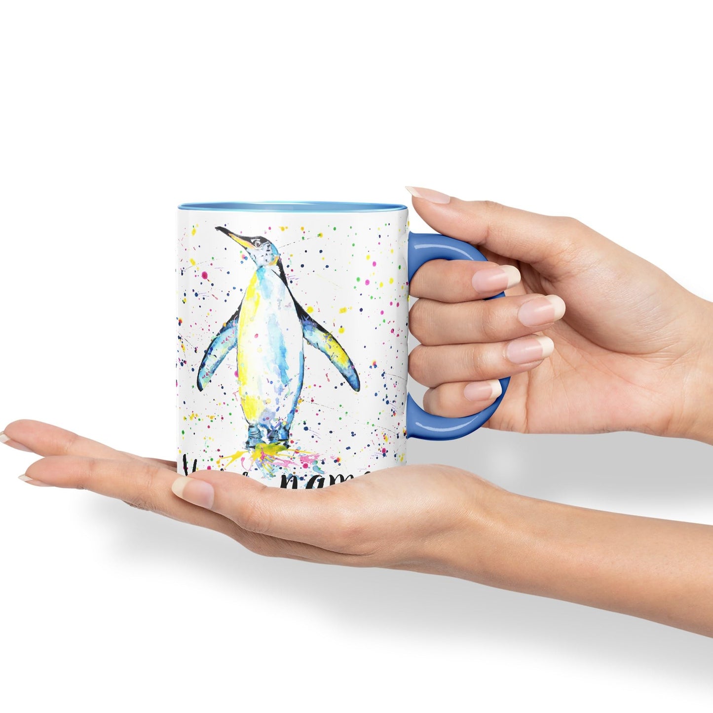 Vixar Personalised with Your Text Penguins Bird Watercolour Art Coloured Ceramic Mug Cup Gift 330ml 11oz Custom Work Office Tea Coffee (O1)