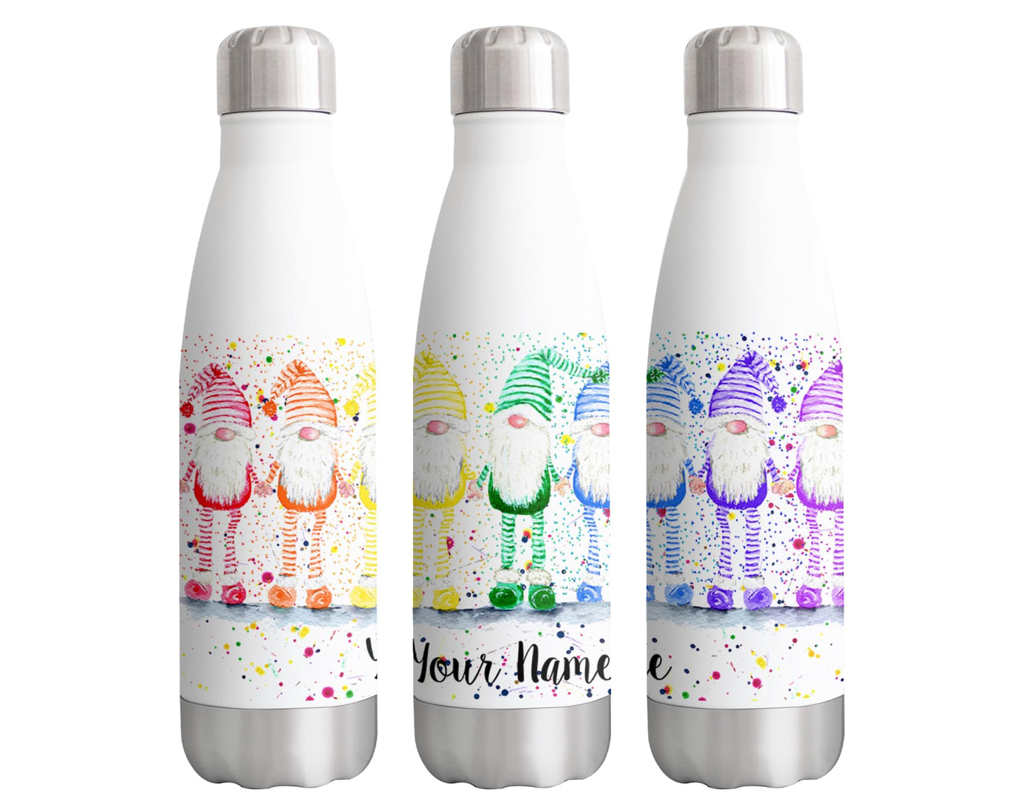 Vixar Rainbow Gonk Personalised Custom Bottle with your Text/name Gnome Watercolour Bottle Double Wall Insulated Stainless Steel Sport Drinks 500ml