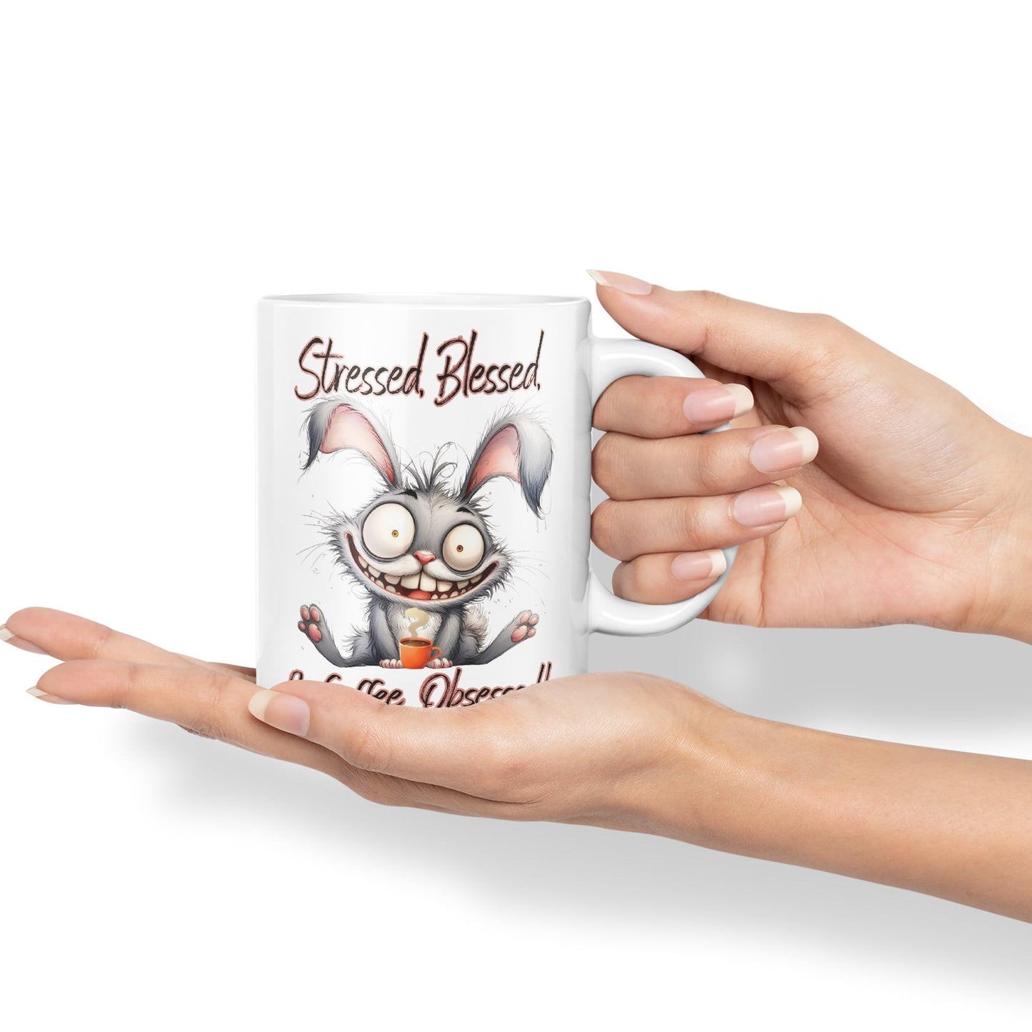 Stressed, Blessed & Coffee Obsessed! Bunny Hare Joke sarkasm Sarcastic Ceramic Coloured Mug Cup for Tea Coffee Hot Brew 330ml 11Oz Gift