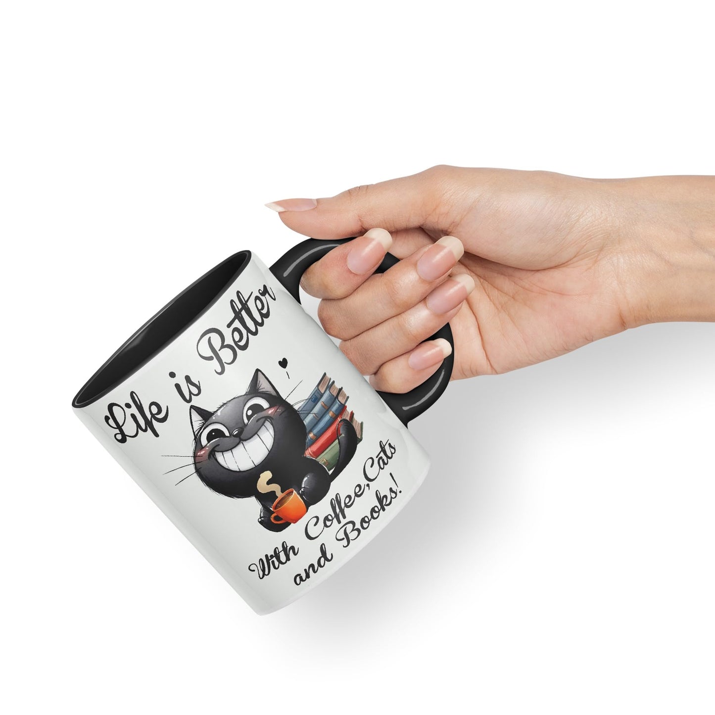 Life is Better with Coffee, Cats and Books, Cat Kitten Joke sarkasm Sarcastic Ceramic Coloured Mug Cup for Tea Coffee Hot Brew 330ml 11Oz Gift