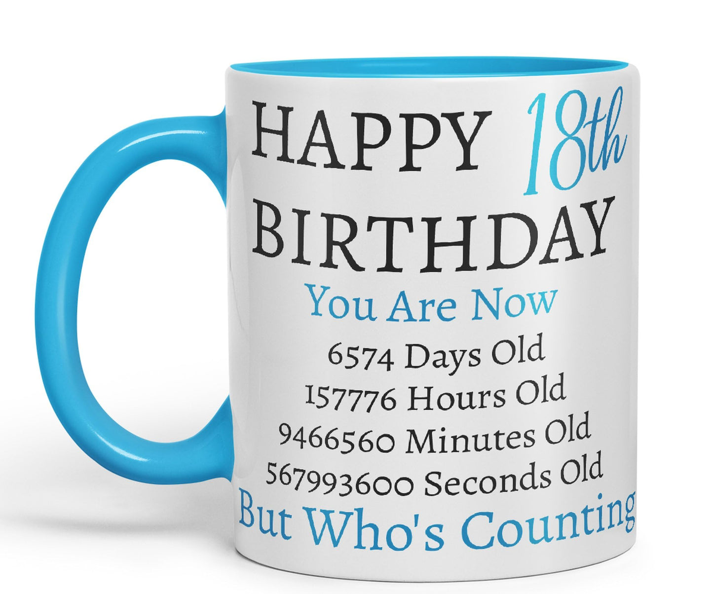 Vixar But Who's Counting Happy 18th Birthday Ceramic Coloured Mug Cup Gift Days Hours Minutes (Blue)