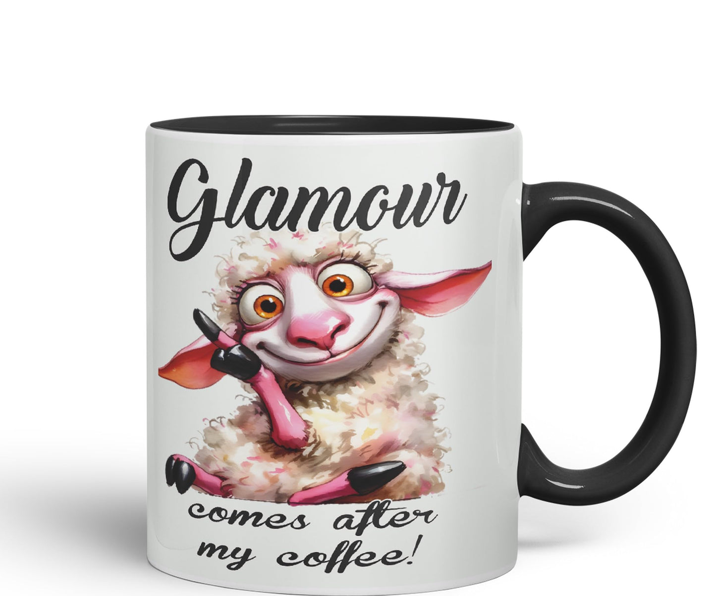 Glamour Comes After My Coffee! Sheep Joke sarkasm Sarcastic Ceramic Coloured Mug Cup for Tea Coffee Hot Brew 330ml 11Oz Gift