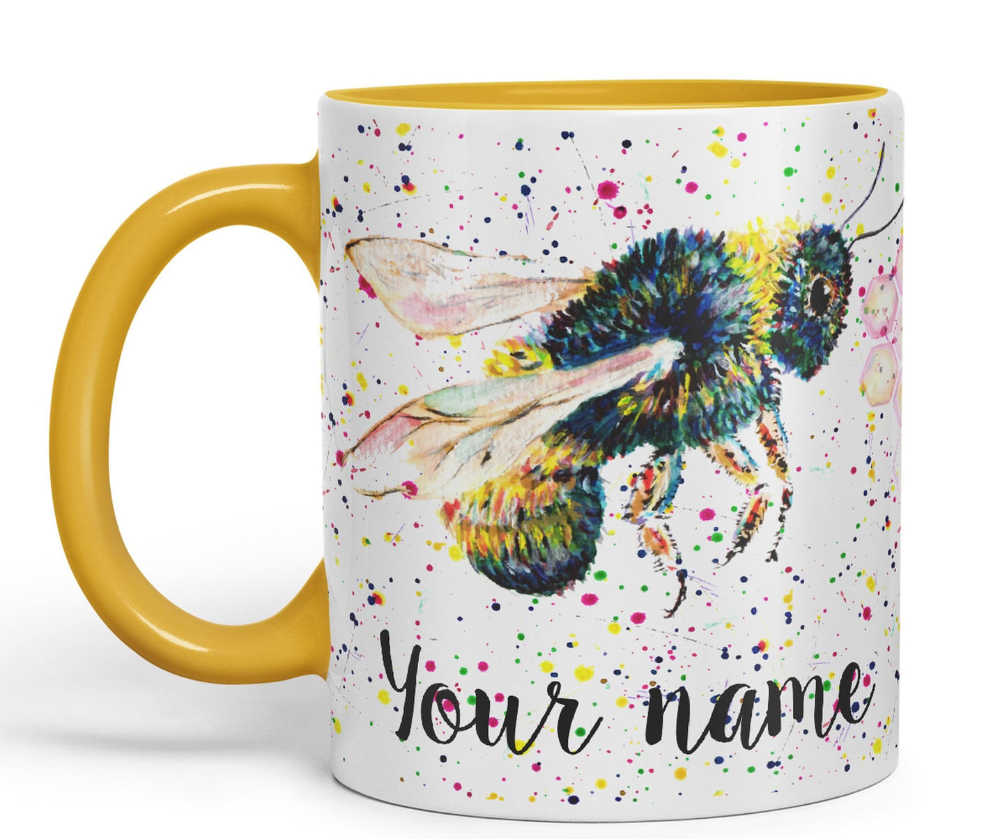 Personalised mug with Your Text name Bees bee Honeycomb animals Watercolour Art Coloured Ceramic Mug Cup Gift 330ml 11oz Custom Work Office Tea Coffee