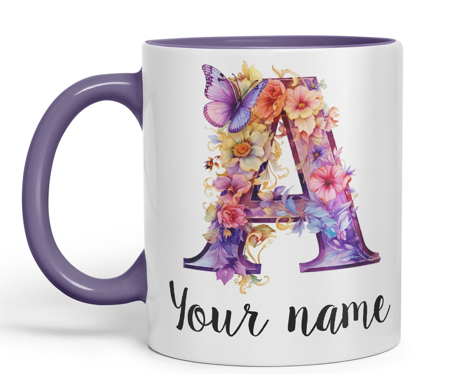 Personalised Letter A mug, Customized Custom Floral flowers butterfly Alphabet Letter A Monogram watercolour Ceramic Coloured Mug Cup for Tea Coffee Hot brew 330ml 11Oz Gift