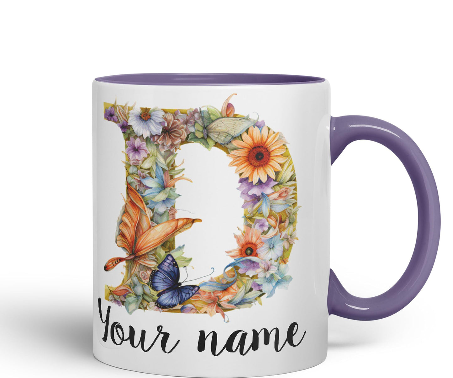 Personalised Letter D mug, Customized Custom Floral flowers butterfly Alphabet Letter D Monogram watercolour Ceramic Coloured Mug Cup for Tea Coffee Hot brew 330ml 11Oz Gift