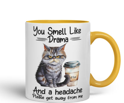 You Smell Like Drama and a Headache Cat Sarcastic Joke Ceramic Coloured Mug Cup for Tea Coffee Hot Brew 330ml 11Oz
