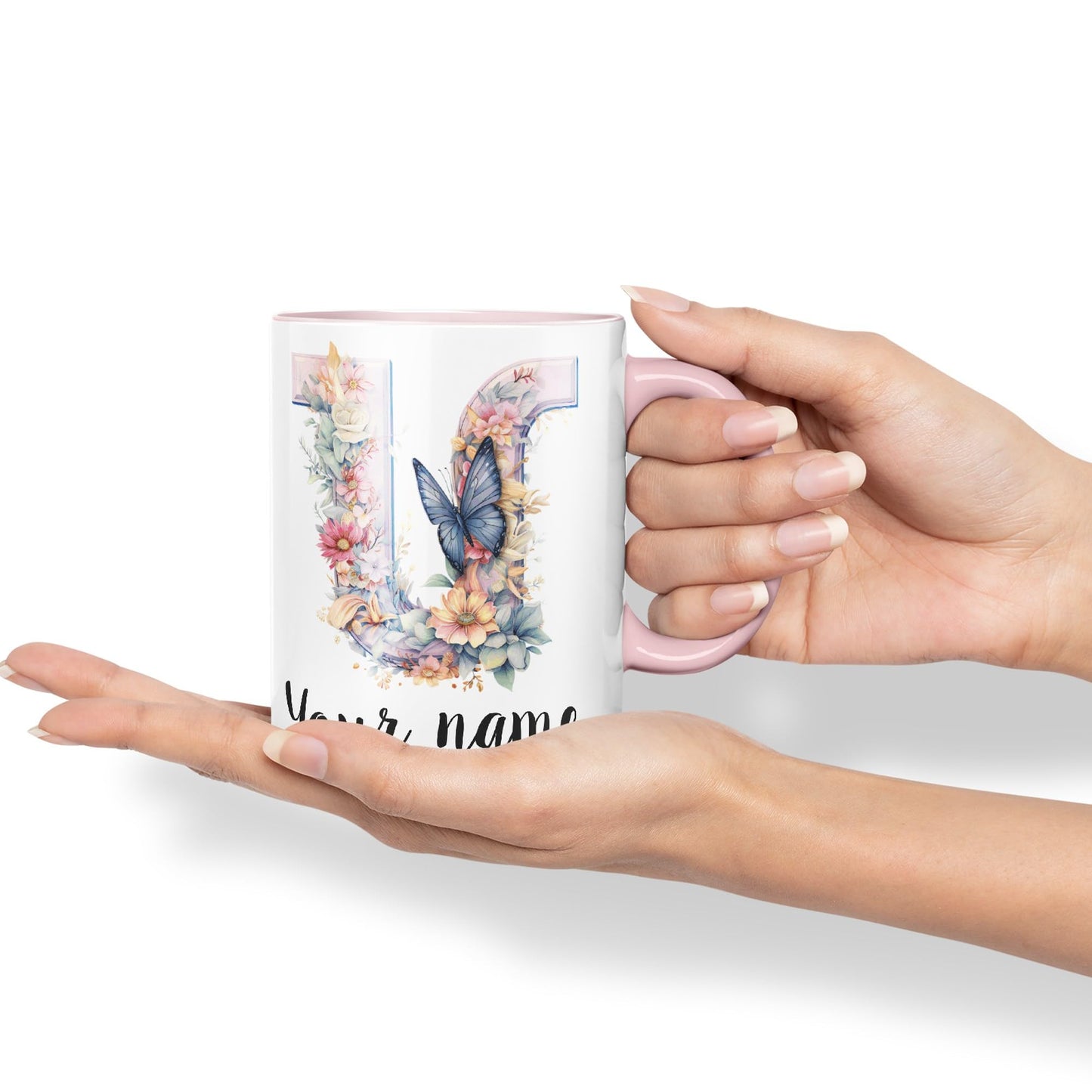 Personalised Letter U mug, Customized Custom Floral flowers butterfly Alphabet Letter U Monogram watercolour Ceramic Coloured Mug Cup for Tea Coffee Hot brew 330ml 11Oz Gift