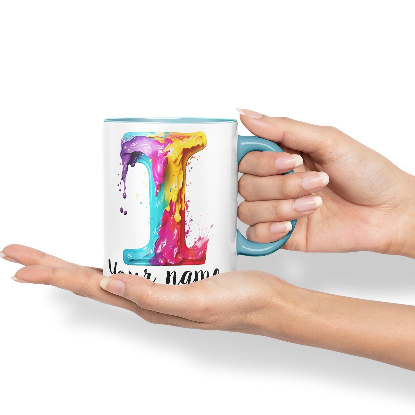 Personalised Letter I mug, Alphabet cusomized custom Letter I Monogram watercolour Ceramic Coloured Mug Cup for Tea Coffee Hot brew 330ml 11Oz Gift