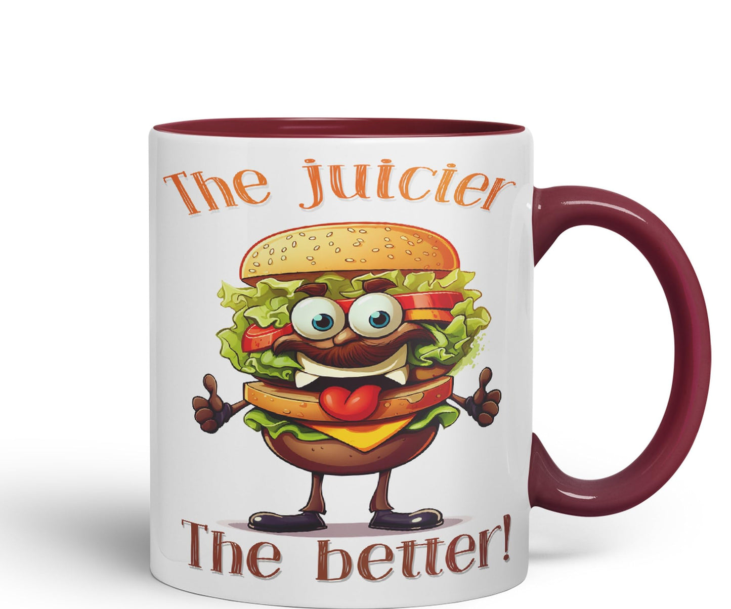 The Juicier The Better Burger, Joke sarkasm Sarcastic Ceramic Coloured Mug Cup for Tea Coffee Hot Brew 330ml 11Oz Gift