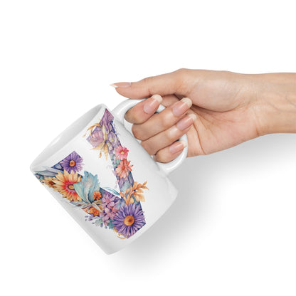 Letter V mug, Floral flowers butterfly Alphabet Letter V Monogram watercolour Ceramic Coloured Mug Cup for Tea Coffee Hot brew 330ml 11Oz Gift