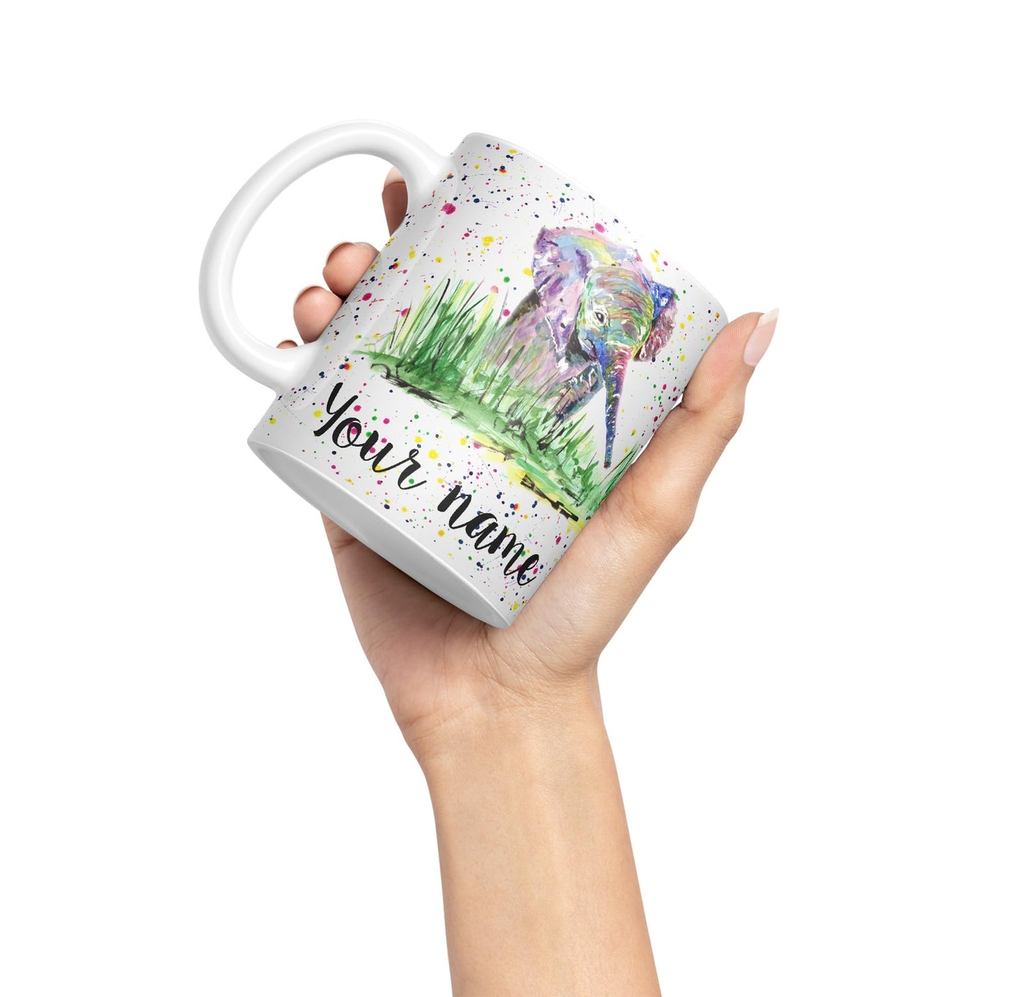 Personalised mug with Your Text name Elephant Baby animals Watercolour Art Coloured Ceramic Mug Cup Gift 330ml 11oz Custom Work Office Tea Coffee