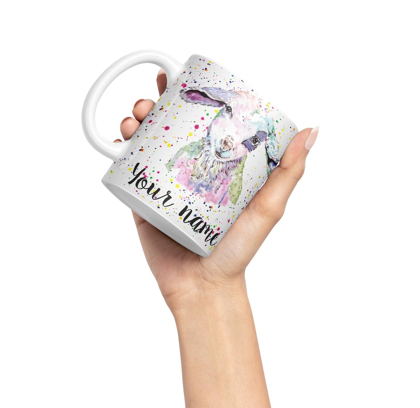 Vixar Personalised with Your Text Lamb Sheep Hogget Farm Animals Watercolour Art Coloured Ceramic Mug Cup Gift 330ml 11oz Custom Work Office Tea Coffee