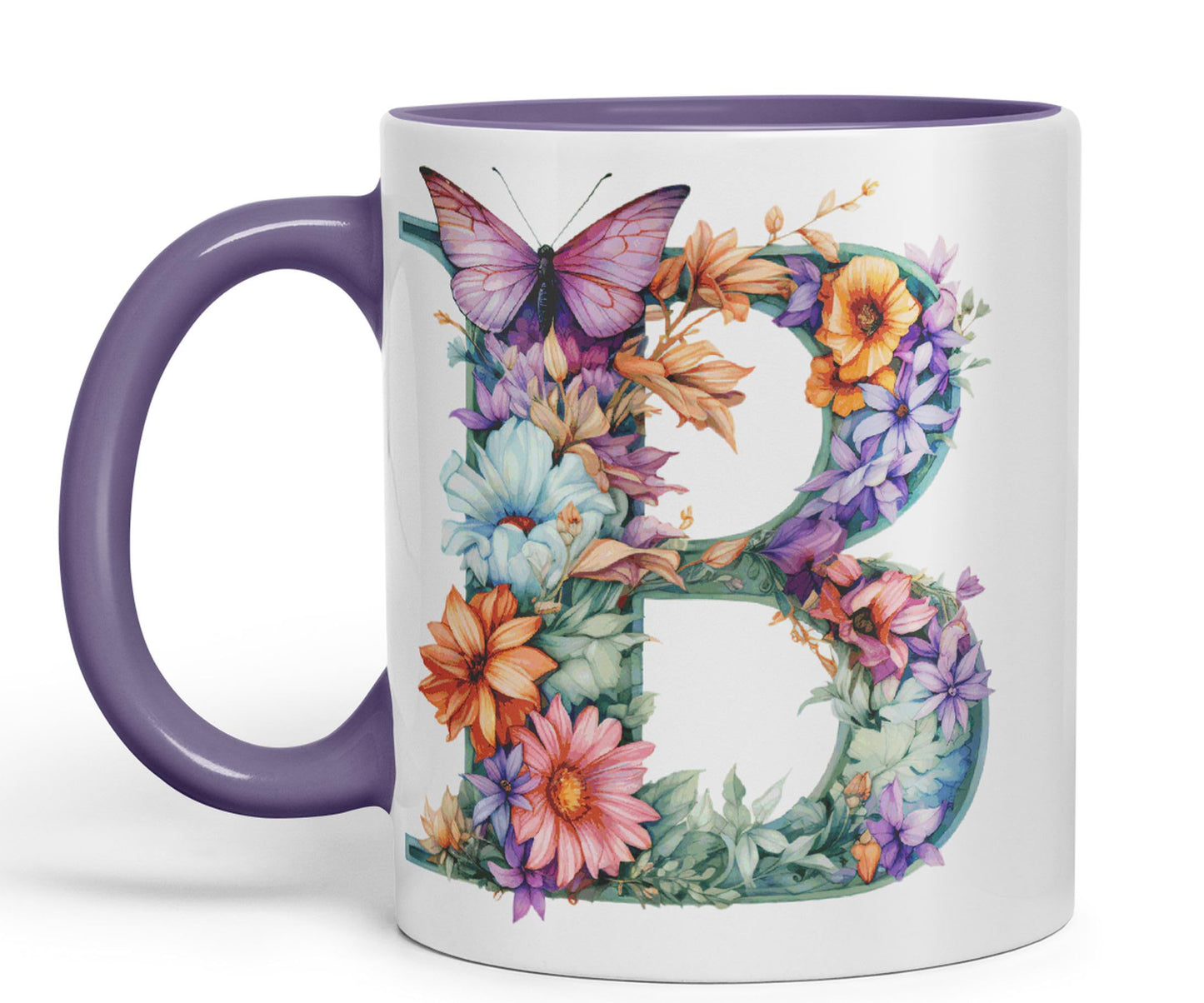 Letter B mug, Floral flowers butterfly Alphabet Letter B Monogram watercolour Ceramic Coloured Mug Cup for Tea Coffee Hot brew 330ml 11Oz Gift