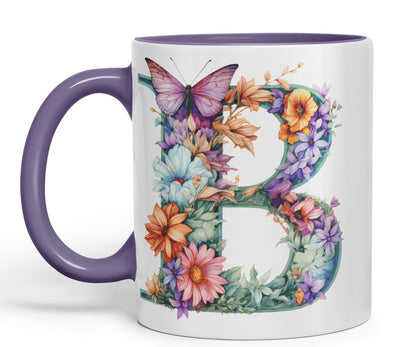 Letter B mug, Floral flowers butterfly Alphabet Letter B Monogram watercolour Ceramic Coloured Mug Cup for Tea Coffee Hot brew 330ml 11Oz Gift