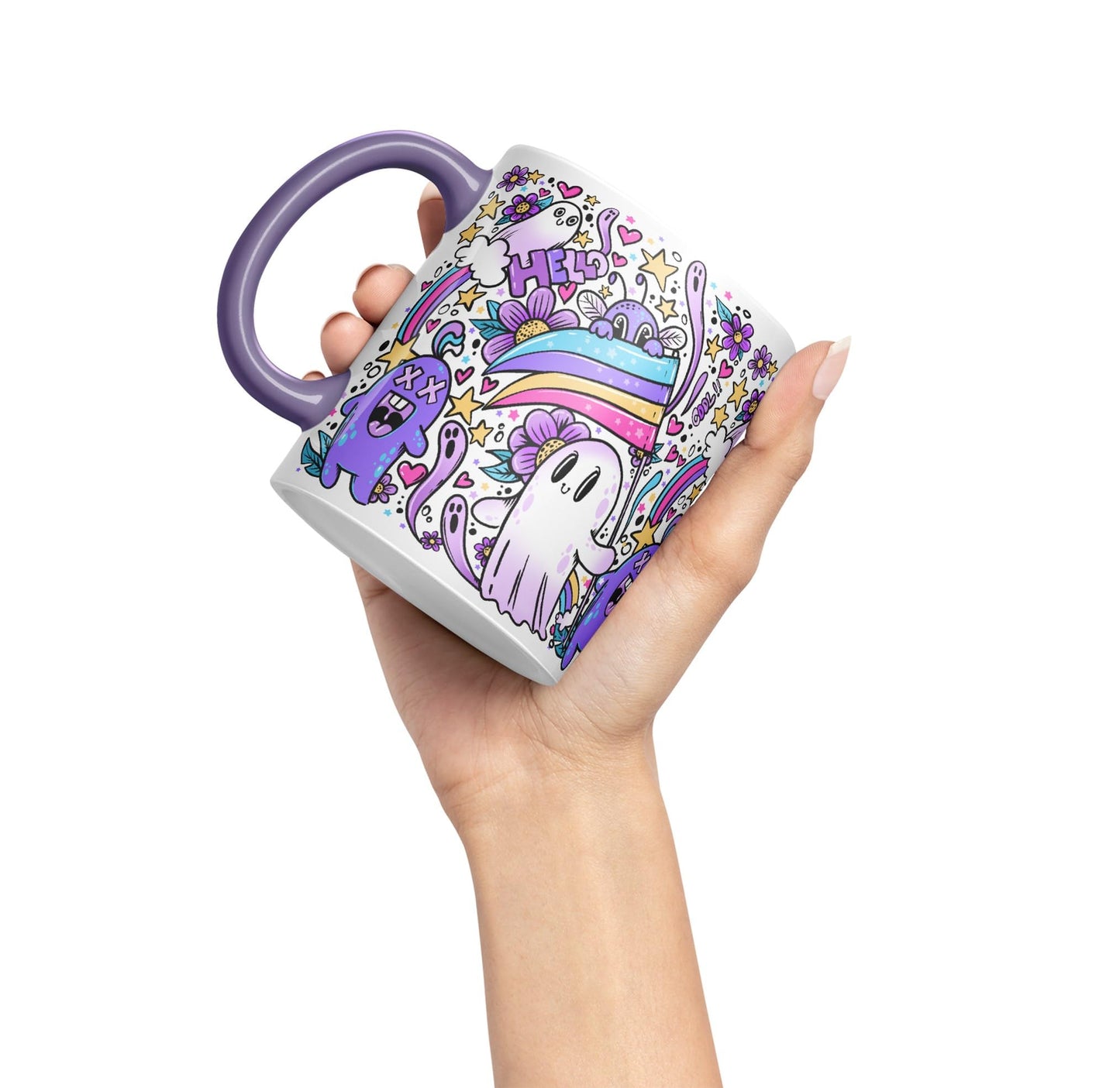 Vixar Hello Cool Kawaii Ghosts Coloured Ceramic Mug Cup Gift 330ml 11oz Work Office Tea Coffee
